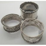 Three hallmarked silver napkin rings, all Birmingham assay 56g total