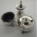 Three piece hallmarked silver cruet set, two with Bristol Blue Glass liners assay Birmingham 1906,