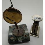 Pair of 20thC French postage scales on onyx base H: 17 cm and a pair of English balance scales