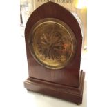 Edwardian mahogany mantel clock of lancet form with inlay, chiming on gong (key in office pre lot