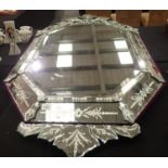 Large Venetian style multi faceted mirror with etched decoration 170 x 80 cm in good condition