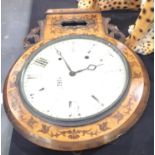 Inlaid walnut American drop-dial wall clock with some carved decoration, circular enamelled dial