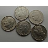 Five vintage American silver dimes, 1940's, 1950's and 1960's