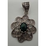Sterling silver ornate green stone filigree pendant