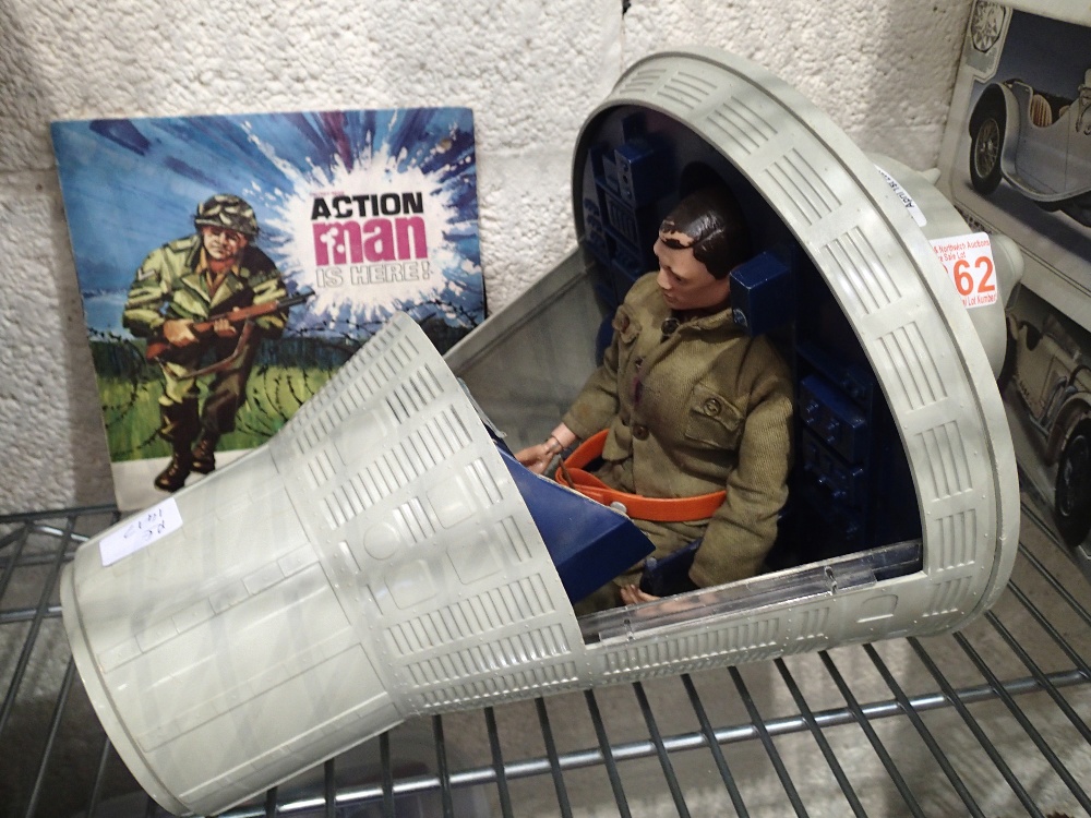 Action man figurine, space capsule and associated records