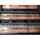 Ace Trains O gauge tinplate C1 LMS red three coach set of clerestory coaches, all 3rd/1st and