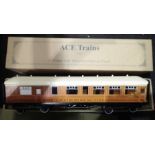 Ace Trains O gauge tinplate C4 LNER teak coach buffet car with Flying Scotsman roof boards