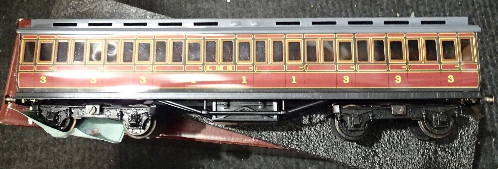 Ace Trains O gauge tinplate LMS red Clerestory roof coach 3rd/1st/3rd, boxed, in very good condition