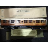 Ace Trains O gauge tinplate C4 LNER teak coach brake 1st/3rd with Flying Scotsman roof boards,