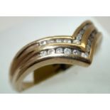 9ct gold two row diamond wishbone ring size M. P&P group 1 (£16 for the first item and £1.50 for