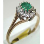9ct gold, emerald and diamond cluster ring size M/N. P&P group 1 (£16 for the first item and £1.50