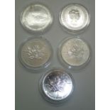 Three 1oz Canadian Maple coins for 1989, 2011 and 2013; Australian silver $25 coin and an Australian