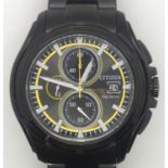 Citizen rare Eco Drive gents chronograph wristwatch with black dial and black metallic Strap. Yellow