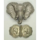 Large white metal elephant belt buckle and a gpsy buckle. Elephant is 13 cm wide. P&P group 1 (£16