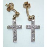 Pair of 9ct gold diamond set cross earrings 2.1g H: 16 mm. P&P group 1 (£16 for the first item