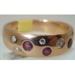 Vintage 18ct gold, ruby and diamond heavy set ring 7.5g (rubover setting) size O. P&P group 1 (£16