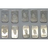 Ten 1g fine silver Playing Card bars. P&P group 1 (£16 for the first item and £1.50 for subsequent