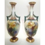 Hadleys Worcester pair of twin handled elongated vases with daffodils, H: 18 cm. P&P group 2 (£20