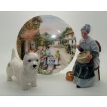 Beswick Highland Terrier and a Royal Doulton figurine Embroidering HN 2855, with matching cabinet