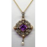 High carat gold and platinum (tested) amethyst, pearl and diamond pendant on a 18ct gold chain 12.