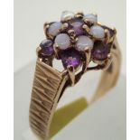 9ct gold, vintage amethyst and pearl cluster ring size P/Q. P&P group 1 (£16 for the first item