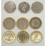 Six £2 coins and three 50p coins including Jersey and the Isle of Man. P&P group 1 (£16 for the