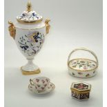 Royal Crown Derby miniature cup and saucer, lidded pot and a Royal Mintons pomander with cover,