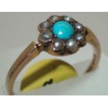Fancy antique turquoise and seed pearl ring size O 1.7g. P&P group 1 (£16 for the first item and £