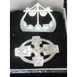 Two silver brooches, one Ola Gorie Viking ship & other Celtic design. P&P group 1 (£16 for the first