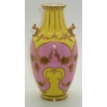 Royal Crown Derby unusual pink and yellow ground gilt decorated twin handled vase, H: 17 cm. P&P