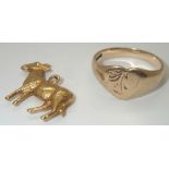 9ct gold signet ring size K and a gold Donkey charm 2.7g. P&P group 1 (£16 for the first item and £