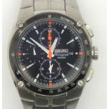 Seiko gents Sportura Chronograph stainless steel wristwatch with black dial, recently serviced. P&