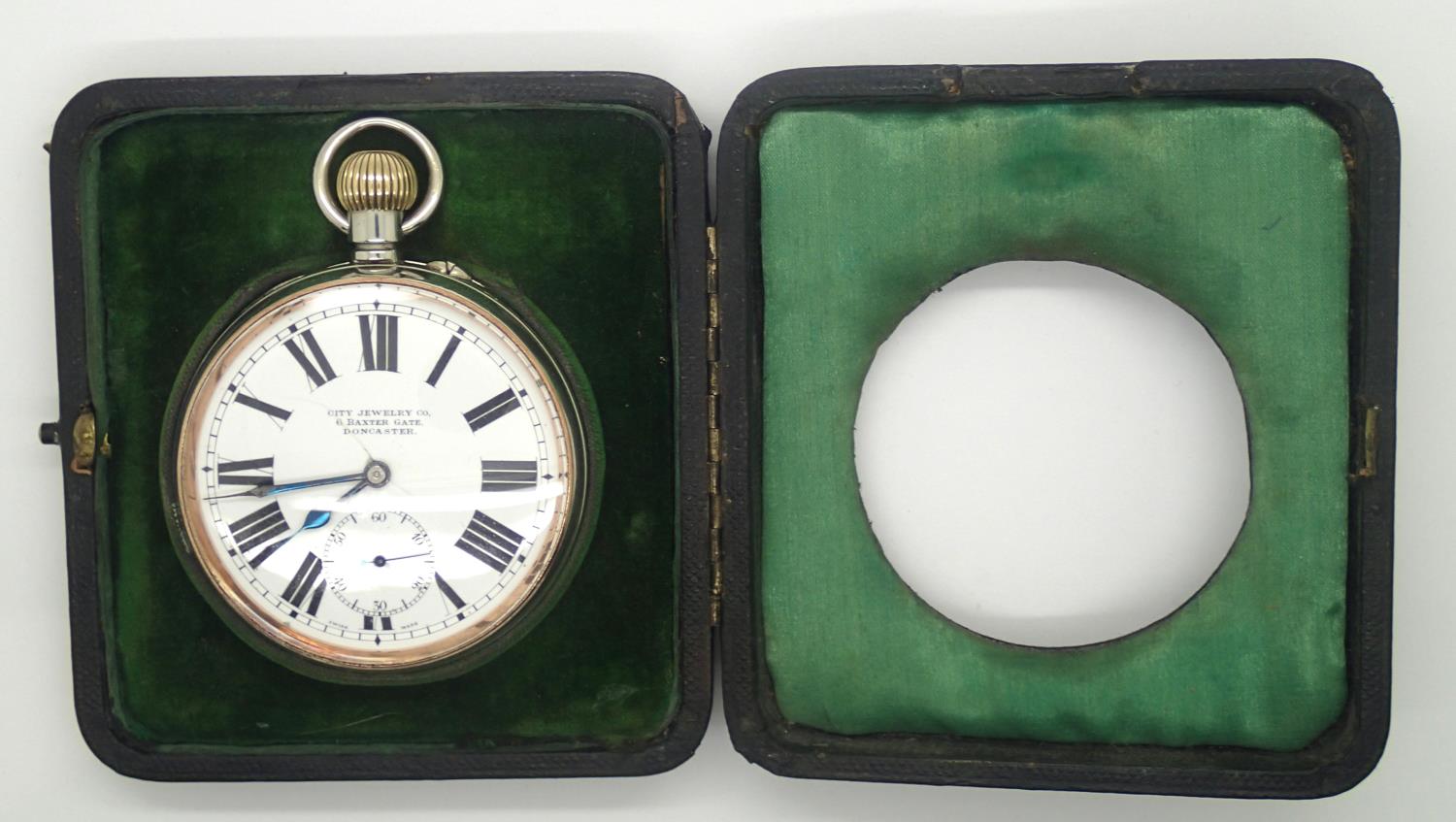 Goliath crown wind pocket watch by City Jewellery Co Baxter Gage Doncaster in a stand case. P&P