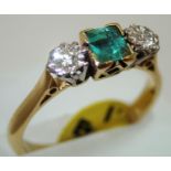 Ladies 18ct gold three stone emerald and diamond ring, 3.6g, emerald measures 4.4 mm square, D: