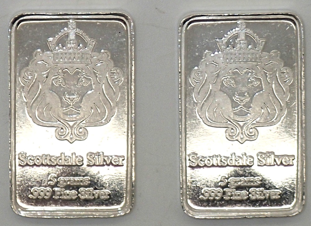 Two 5g Scottsdale fine silver bars. P&P group 1 (£16 for the first item and £1.50 for subsequent