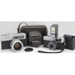 Minolta Hi-Matic 7 Rangefinder camera in leather ER case; Olympus Trip 35 camera; and Olympus