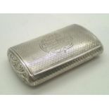 Hallmarked silver snuff box with June 1889 inscription Birmingham assay maker H&T 47g 67 x 38 mm.