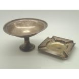 Hallmarked silver ashtray with dints, marks rubbed, and a misshapen Birmingham assay tazza by B&Co