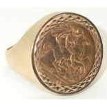 Gents 22ct gold half sovereign loose mounted ring (9ct gold mount), coin dated 1911 9.3g in total.