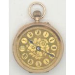 15ct gold ladies open faced fob watch, lacking glass, with base metal dust cover, gross weight 29.