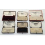 Six mixed vintage brooch boxes, including Harrods, Goldsmiths and Silversmiths examples. P&P group 1