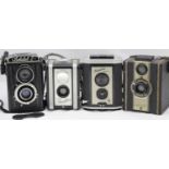 Collection of 4 120 roll film cameras Lubitel 2, Kodak Brownie Reflex, Kodak Duaflex & Coronet