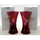 Royal Albert pair of boxed hand etched cranberry glass vases, H: 18 cm. P&P group 2 (£20 for the