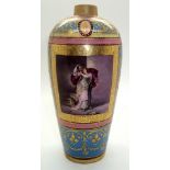 Royal Vienna bottle vase with hand painted panel of two lovers and fine gilt over decoration against