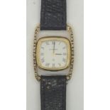Eterna 18 ct gold ladies wristwatch on a leather strap, Working at lotting up but we cannot adjust