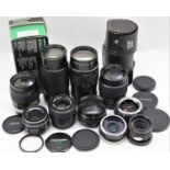 Mixed lot of 10 lenses to include, a Hanimex f4.5 80-200mm zoom lens; Pentacon 4/200; Domiplan2.8/