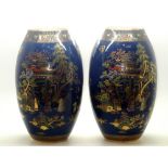 Carlton Ware pair of blue ground baluster vases with chinoiserie gilt and enamelled decoration, H: