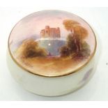 Royal Worcester small lidded pot, the cover painted with castle scene signed Rushton D: 7.5 cm. P&