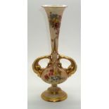 Royal Worcester blush ivory trumpet vase with gilt dolphin handles, model no. 1749, H: 21 cm. P&P