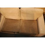 Cream and brown three seater sofa with removable cushions. This lot is not available for in-house